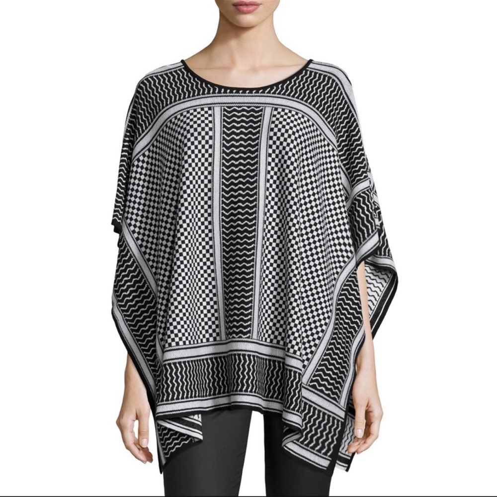 BCBGMaxAzria Black and White Patterned Poncho Sweater
